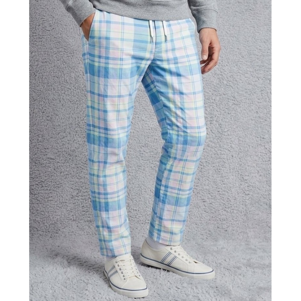 Chubbies Plaid Lads Everyday Pant Mens L Blue Pastel Elastic Waist Chino NEW NWT